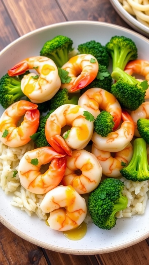 Garlic butter shrimp and broccoli served on a plate with rice, garnished with parsley.